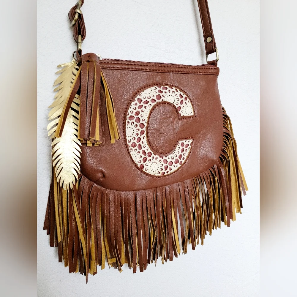 Justice Boho Fringe Faux Leather Crossbody Bag Letter 